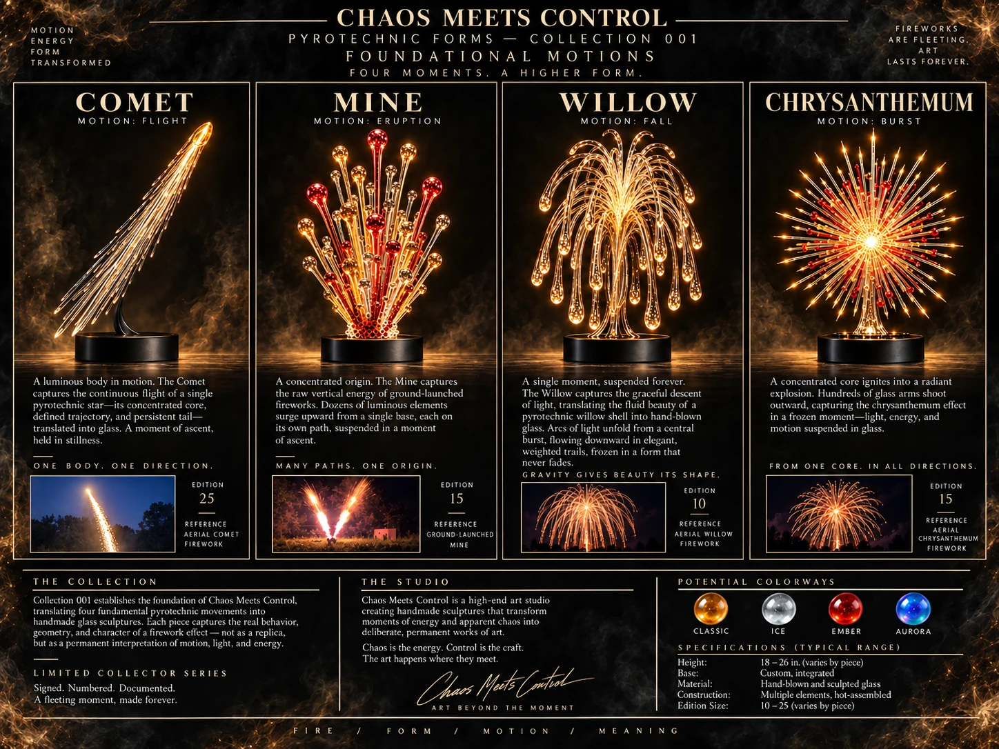 Collection 001 master board showing Comet, Mine, Willow, and Chrysanthemum